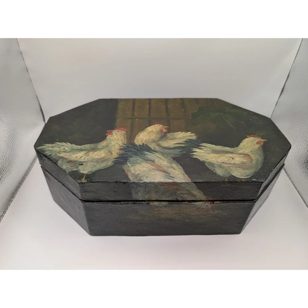 Hand Painted Chicken Octagonal Wooden Keepsake Storage Box Farmhouse Decor 12in